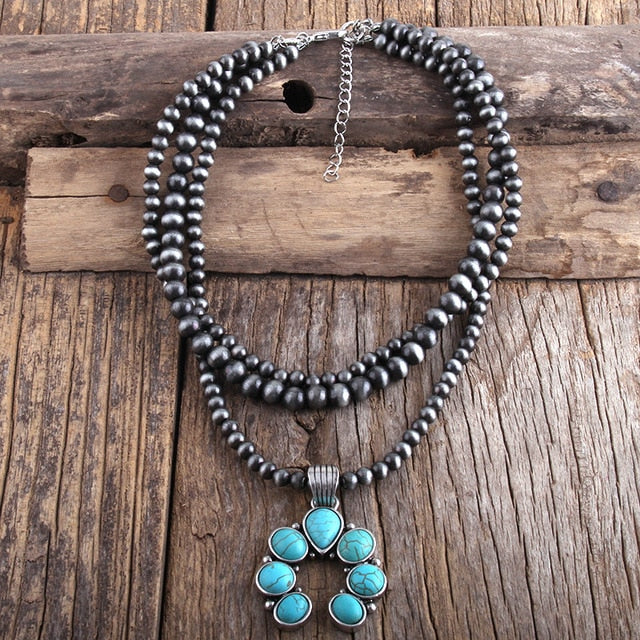 Boho Necklace, RH Antique Moon Metal  Turquoise Blue Flower