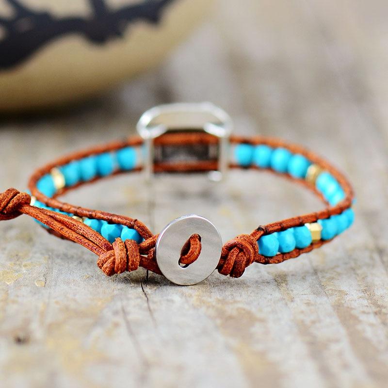 Boho Bracelet, Leather Wrap Bracelet, Weave Bracelet , Blue Silver