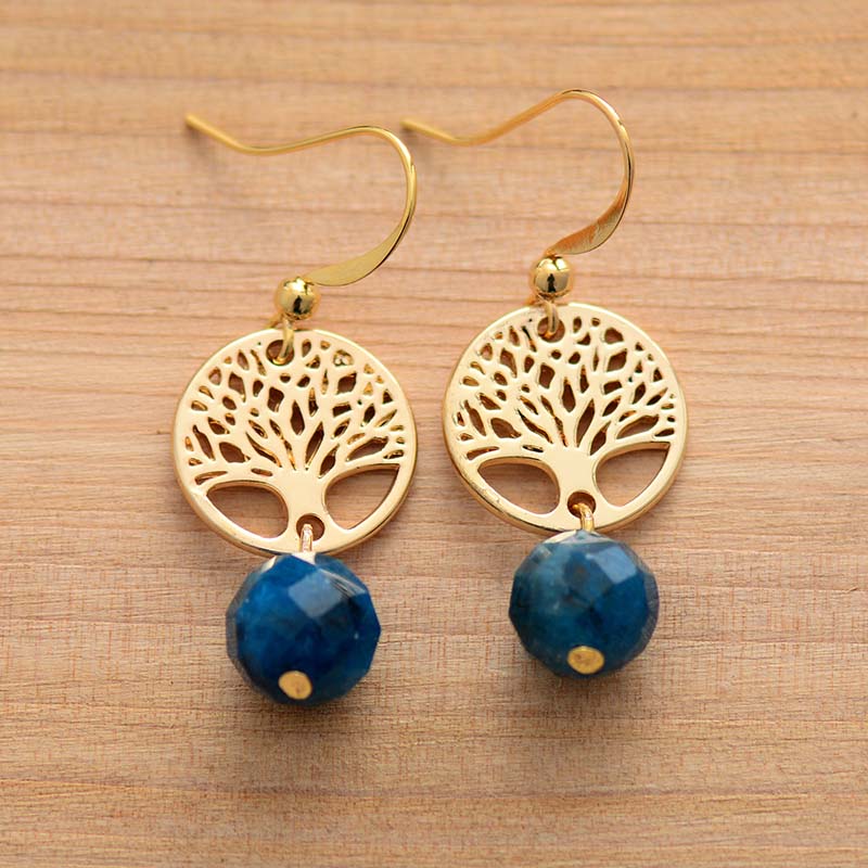 Boho Earrings, Dangle Earrings, Blue Apatite Gold Tree of Life