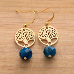 Boho Earrings, Dangle Earrings, Blue Apatite Gold Tree of Life
