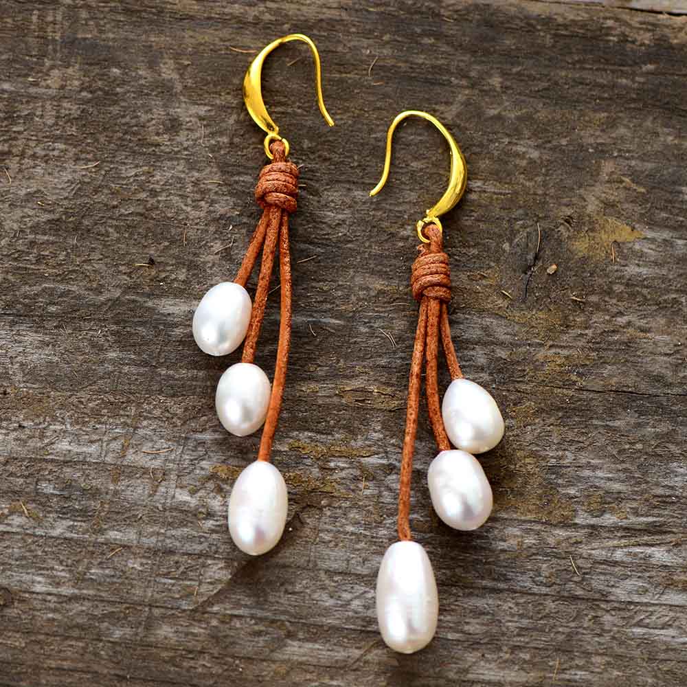 Boho Earrings, Dangle Earrings, Rope White Peal