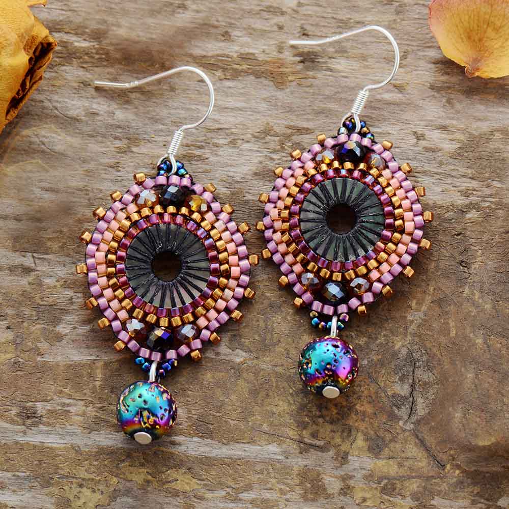 Boho Earrings, Dangle Earrings, Crystal Beads Lava Purple Stone