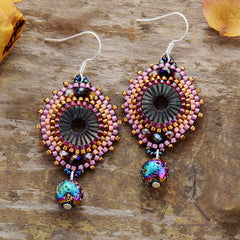 Boho Earrings, Dangle Earrings, Crystal Beads Lava Purple Stone