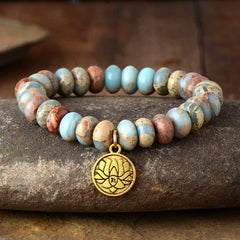 Boho Bracelet, Stretchy Bracelet, 10MM Brown Imperial Japser Lotus