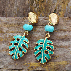 Boho Earrings, Dangle Earrings, Blue Turquoise Leaf