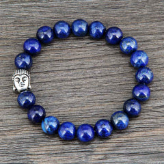 Boho Bracelet, Stretchy Bracelet, 8MM Blue Lapis Luzuli Antique Buddha