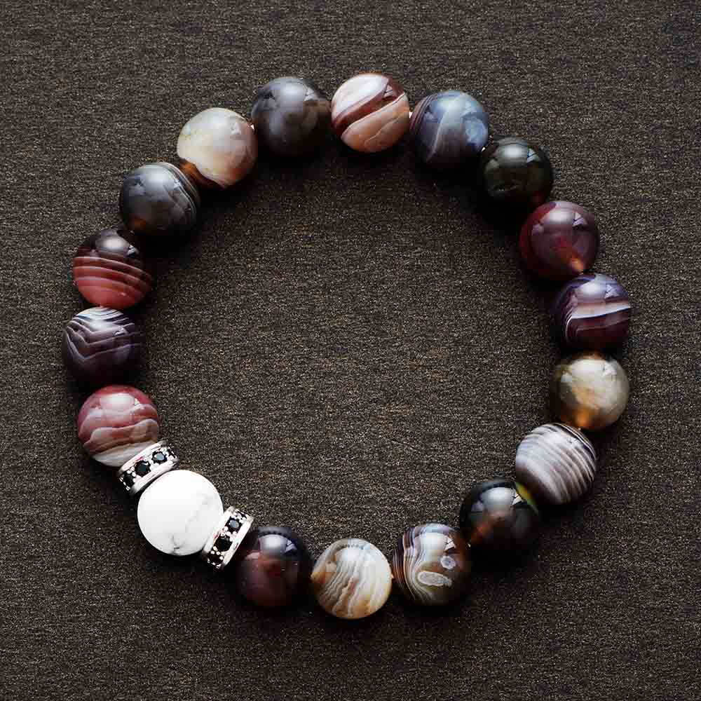 Boho Bracelet, Stretchy Bracelet, Black Botswana Onyx, Howlite