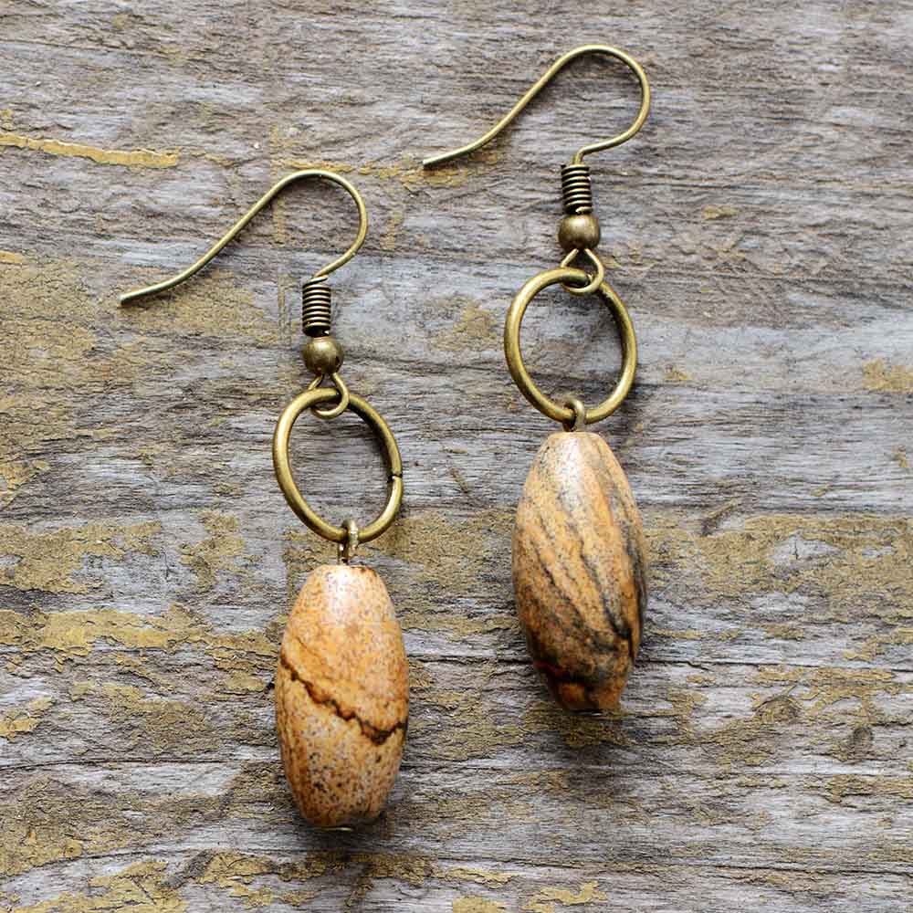 Boho Earrings, Dangle Earrings, Loop White Brown Jasper