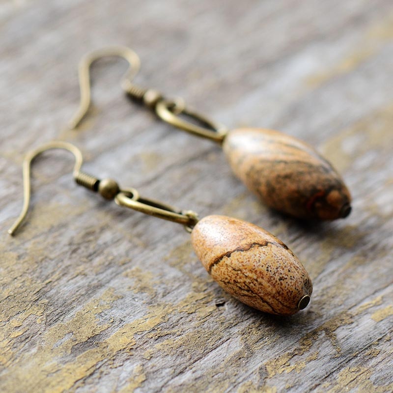Boho Earrings, Dangle Earrings, Loop White Brown Jasper