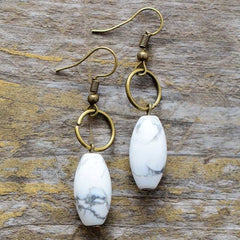 Boho Earrings, Dangle Earrings, Loop White Brown Jasper