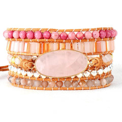 Boho Bracelet, 5 Layers Leather Wrap Bracelet, Pink Pastelà¸?Rhodonite