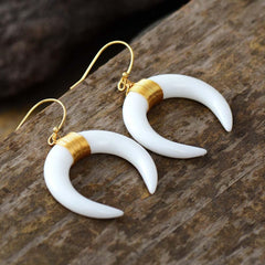 Boho Earrings, Dangle Earrings, Ox Horn, Shell White and Black Onyx Crescent