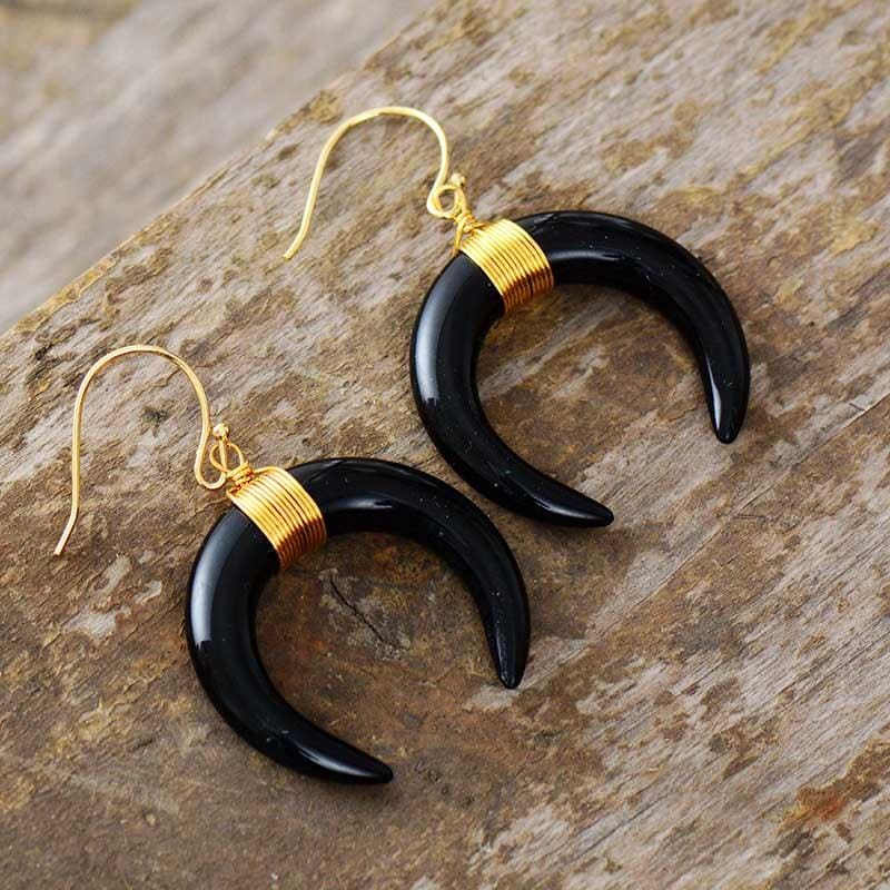 Boho Earrings, Dangle Earrings, Ox Horn, Shell White and Black Onyx Crescent
