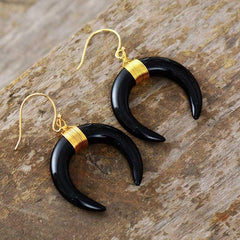 Boho Earrings, Dangle Earrings, Ox Horn, Shell White and Black Onyx Crescent