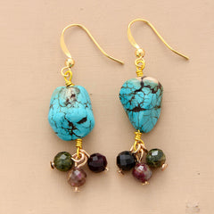 Boho Earrings, Dangle Earrings, Tourmaline and Blue Turquoise