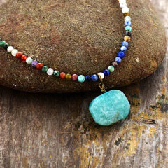Boho Necklace, Choker Necklace, Mix Natural Stone Beads, Pendant