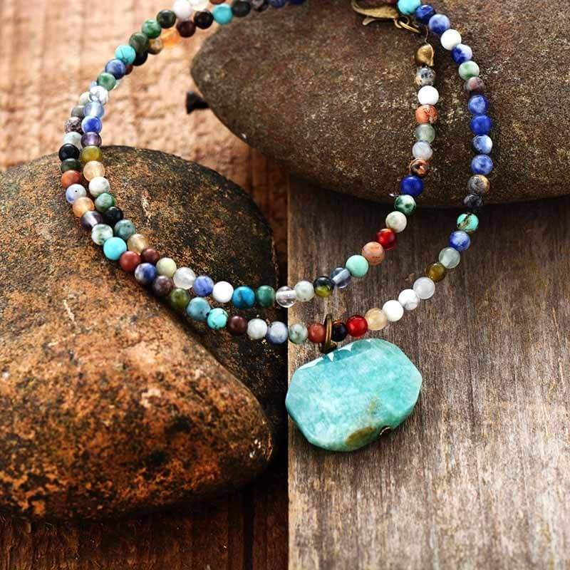 Boho Necklace, Choker Necklace, Mix Natural Stone Beads, Pendant