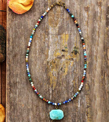 Boho Necklace, Choker Necklace, Mix Natural Stone Beads, Pendant