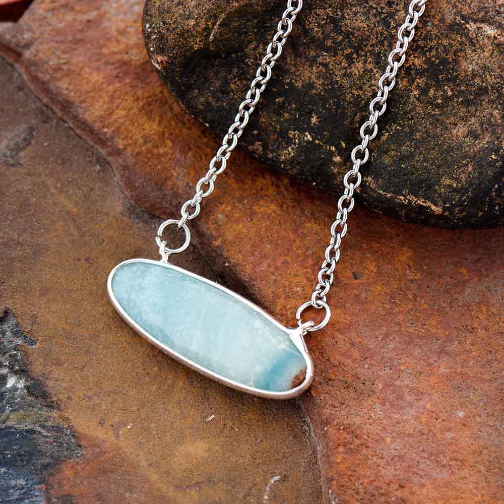 Boho Necklace, Blue Amazonite Pendant Silver Chain