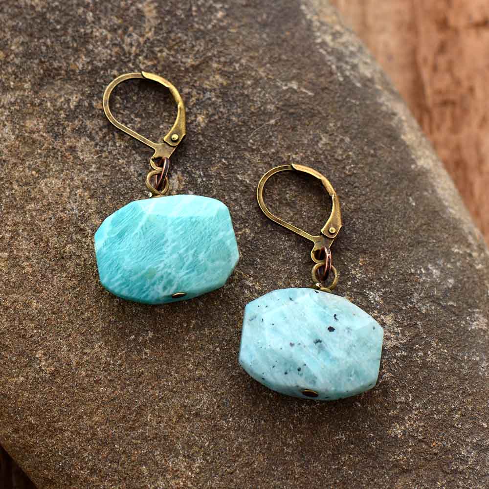 Boho Earrings, Dangle Earrings, Hexagon Blue Amazonite