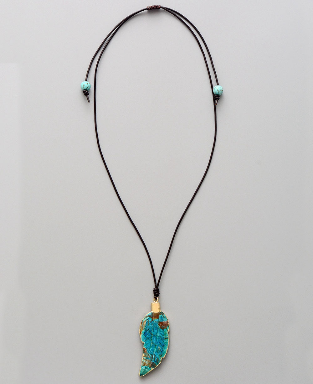 Boho Necklace, Blue Agate Leaf Pendant
