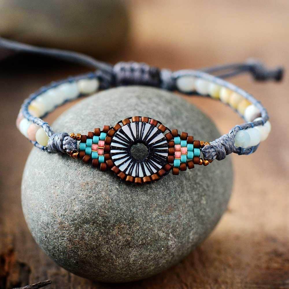 Boho Bracelet, Leather Wrap Bracelet, Weave Bracelet, Frosted Blue Amazonite