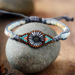 Boho Bracelet, Leather Wrap Bracelet, Weave Bracelet, Frosted Blue Amazonite