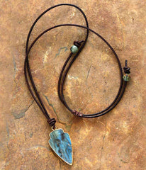 Boho Necklace,Blue and Black Agate, Jasper Arrowhead Pendant Leather