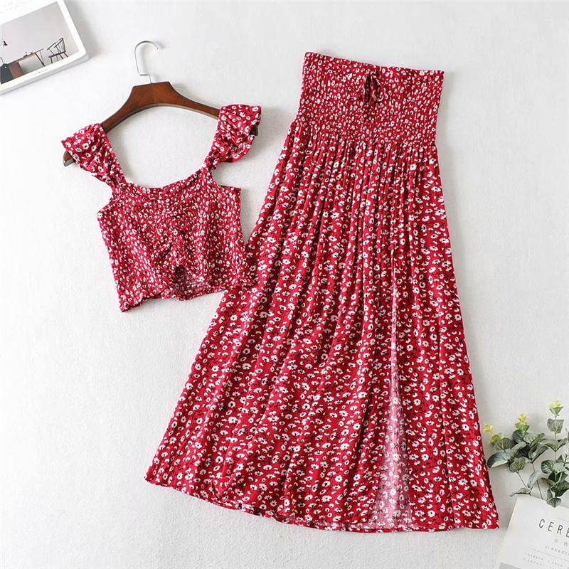 Boho Two Piece Set, Crop Top and Skirt, Wild Floral Daisy Red