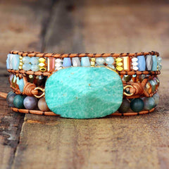 Boho Bracelet, 3 Layers Leather Wrap Bracelet, Natural Blue Stone