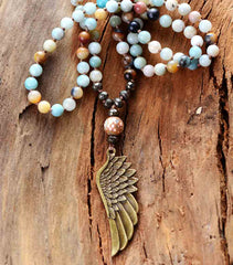 Boho Necklace, Blue and Brown Pyrite Angel Wing