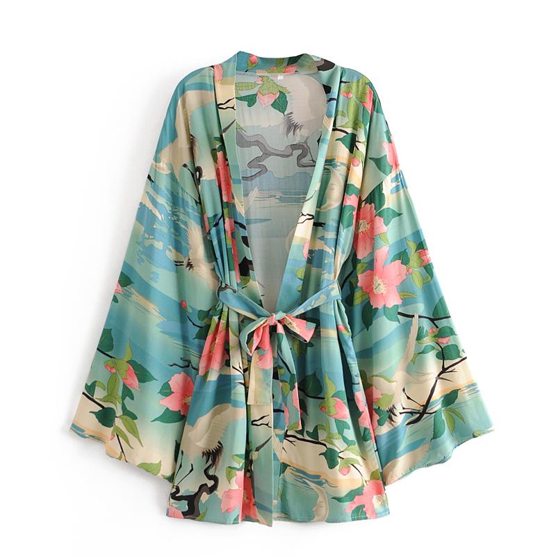 Boho Robe, Short Kimono Robe Short, Lily Lotus in Green