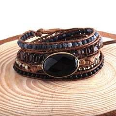 Boho Bracelet, RH 5 Layers Leather Wrap Bracelet, Black Onyx