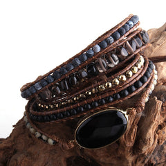 Boho Bracelet, RH 5 Layers Leather Wrap Bracelet, Black Onyx