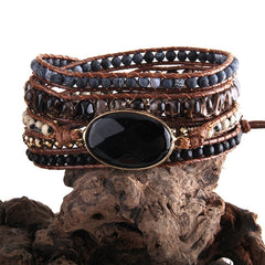 Boho Bracelet, RH 5 Layers Leather Wrap Bracelet, Black Onyx