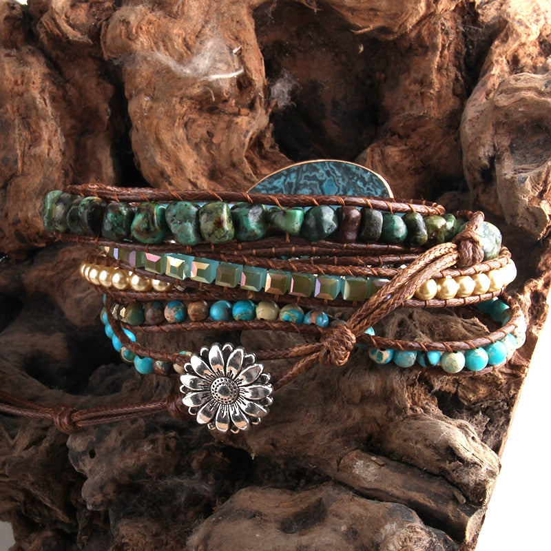 Boho Bracelet, RH 5 Layers Leather Wrap Bracelet, Black Onyx