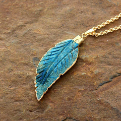 Boho Necklace, Blue Ocean Japser Leaf Pendant