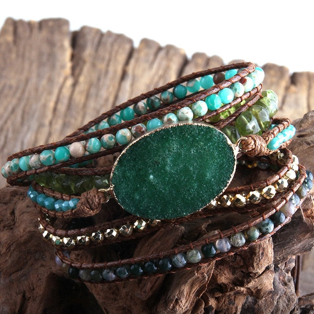 Boho Bracelet, RH 5 Layers Leather Wrap Bracelet, Natural Stones, Snow White and Black