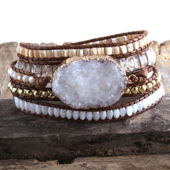 Boho Bracelet, RH 5 Layers Leather Wrap Bracelet, Natural Stones, Snow White and Black