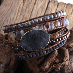 Boho Bracelet, RH 5 Layers Leather Wrap Bracelet, Natural Stones, Snow White and Black