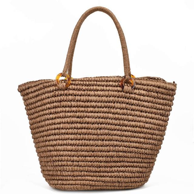 Boho Bag, Woven Straw Rope Tote Bag, Brown and Beige Patrin