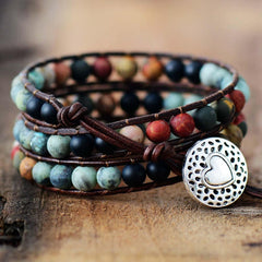 Boho Bracelet, 3 Layers Leather Wrap Bracelet, 6 mm Stones
