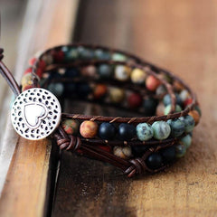 Boho Bracelet, 3 Layers Leather Wrap Bracelet, 6 mm Stones