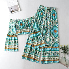 Boho Two Piece Set, Off Shoulder Crop Top and  Pant, Wild Boho Square Green Mint