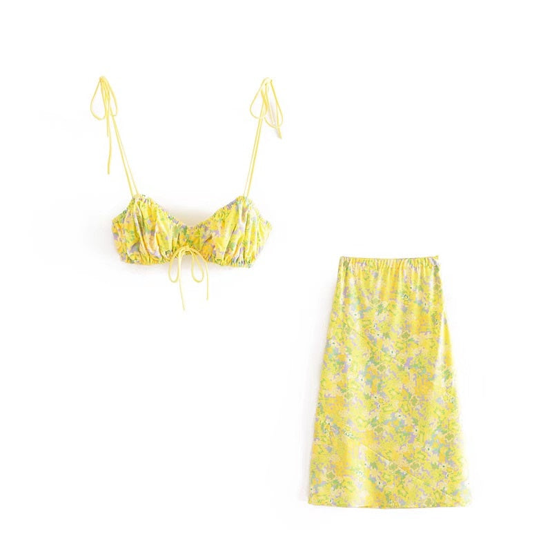 Boho Two Piece Set, Crop Top and Skirt, YellowLittle Flower