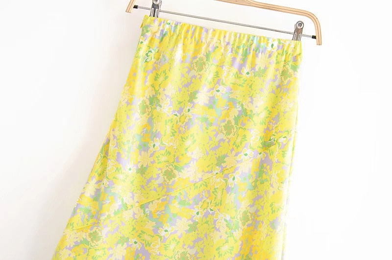 Boho Two Piece Set, Crop Top and Skirt, YellowLittle Flower