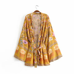 Boho Robe, Kimono Robe,  Beach Cover up, Yellow and Pink Flower