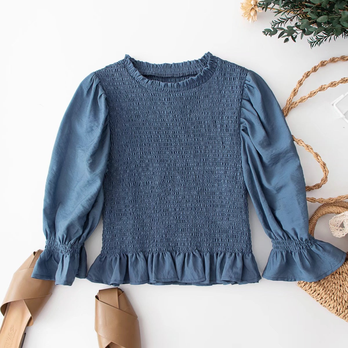 Boho Two Piece Set, Smocked Top and Mini Skirt, Blue Aegean Lorelei