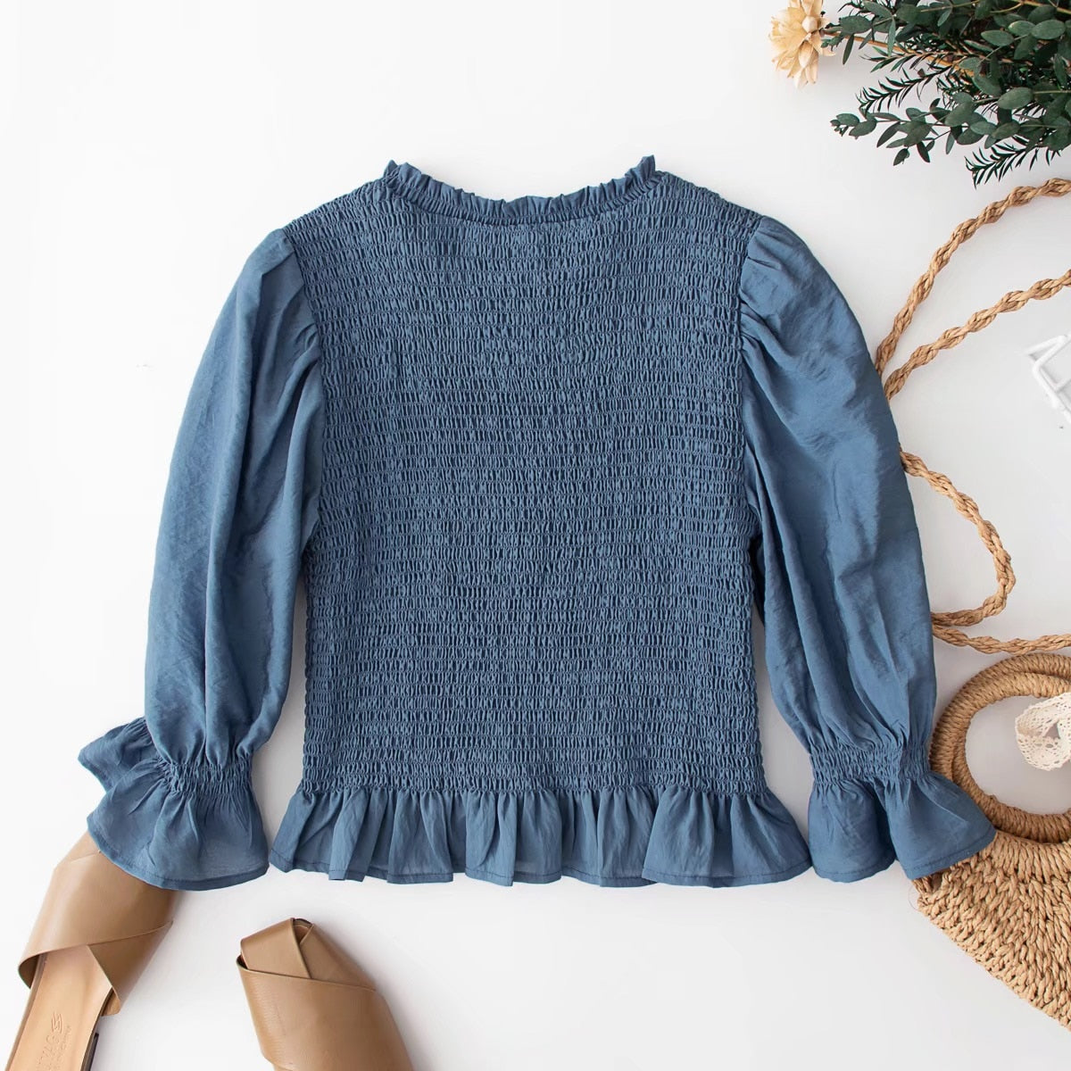 Boho Two Piece Set, Smocked Top and Mini Skirt, Blue Aegean Lorelei