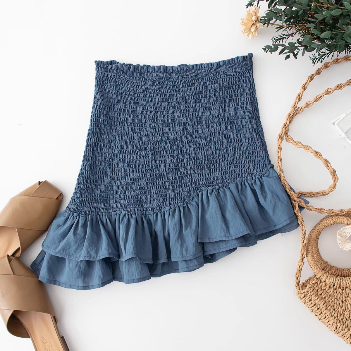 Boho Two Piece Set, Smocked Top and Mini Skirt, Blue Aegean Lorelei